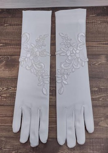 Sara’s Girl’s Long White Gloves - Lace Applique GL105B
