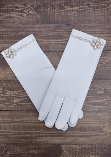 Sara’s Girl’s White Gloves - Pearl Flower with Rhinestones