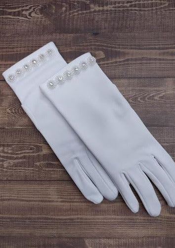 Sara’s Girl’s White Gloves - Pearl & Rhinestone Flower