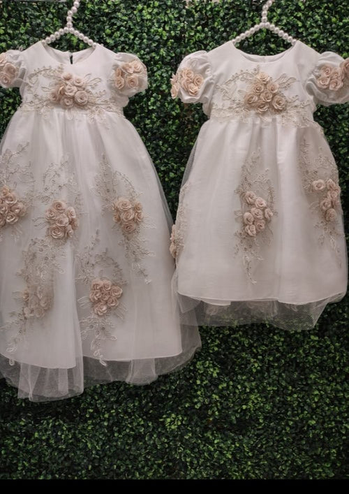 Macis Design Contrast Flower Christening Gown & Accessories - CH258