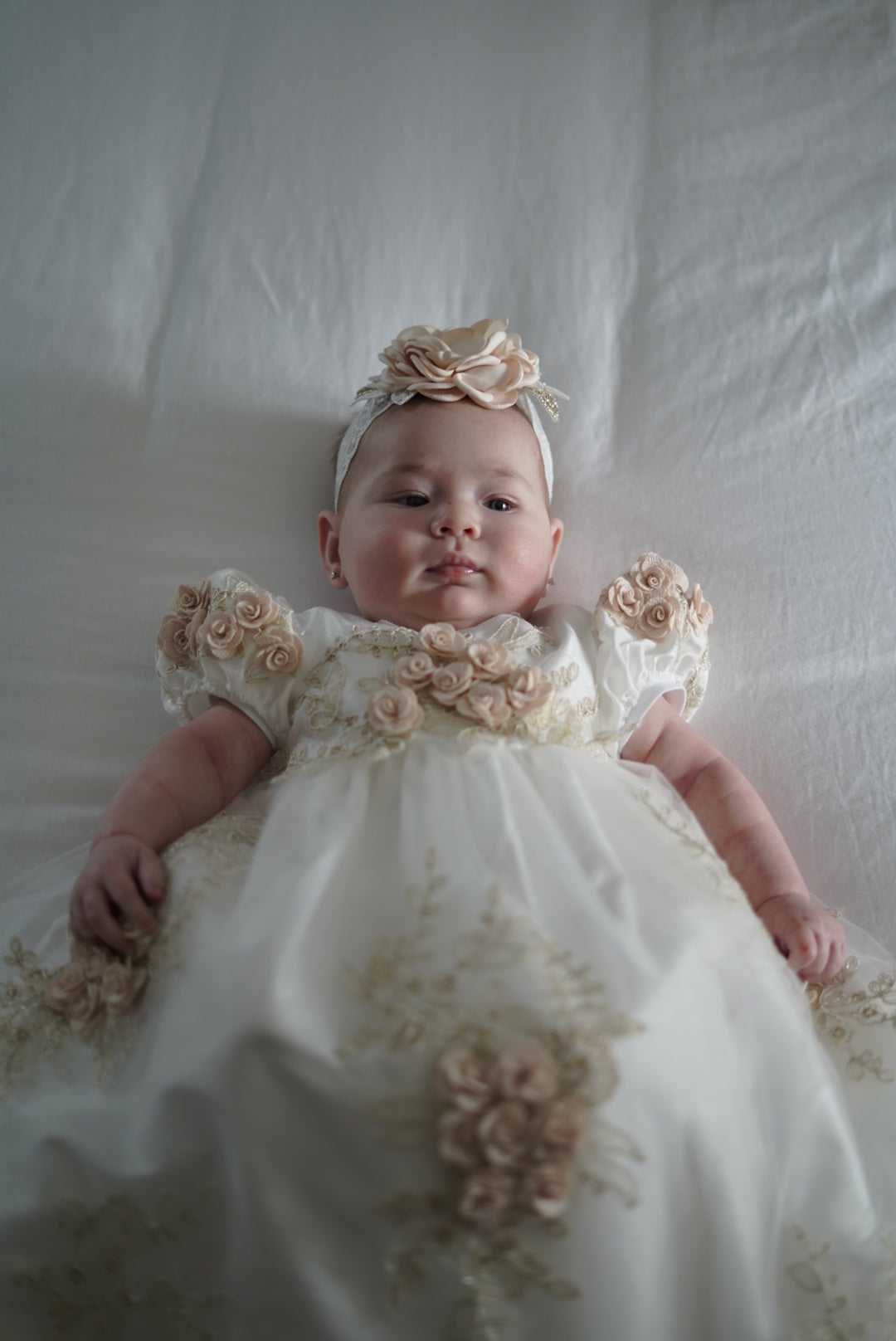 Macis Design Contrast Flower Christening Gown & Accessories CH258 – Sara's Children's Boutique