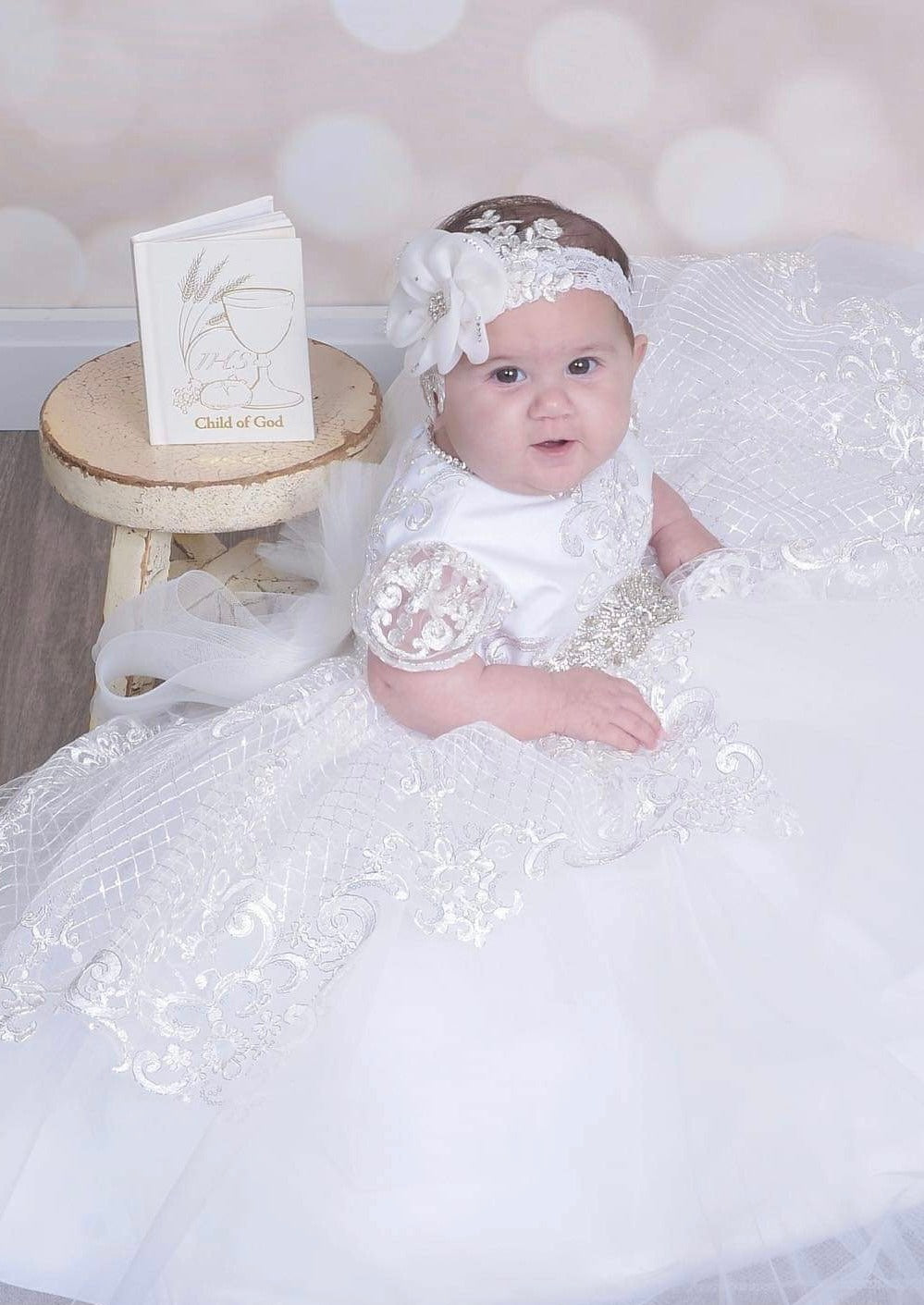 Piccolo Bacio Girls' Rhinestone and Metallic Lace Baptism Dress Victoria 24 Months / White Piccolo Bacio Girls' Rhinestone and Metallic Lace Baptism Dress Victoria 24 Months / White
